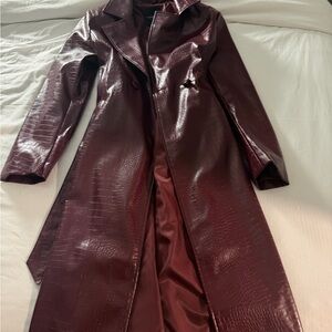 Elegant Burgundy Faux Leather Trench Coat